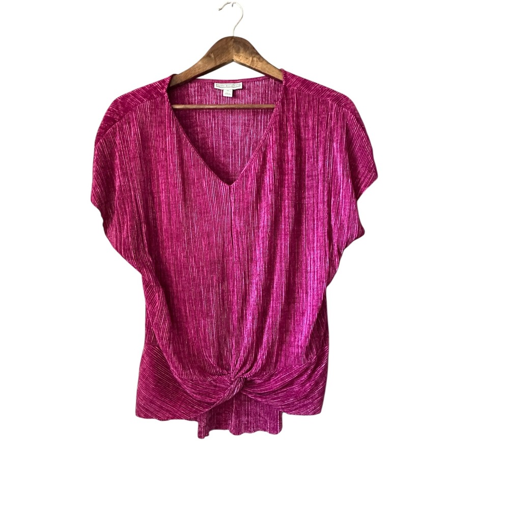 Dana Buchman Pink Metallic Pleated Twist Front V Neck Short Sleeve Top Size M